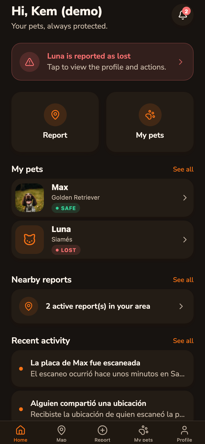 The Pet Orbit dashboard showing your pets and their safety status