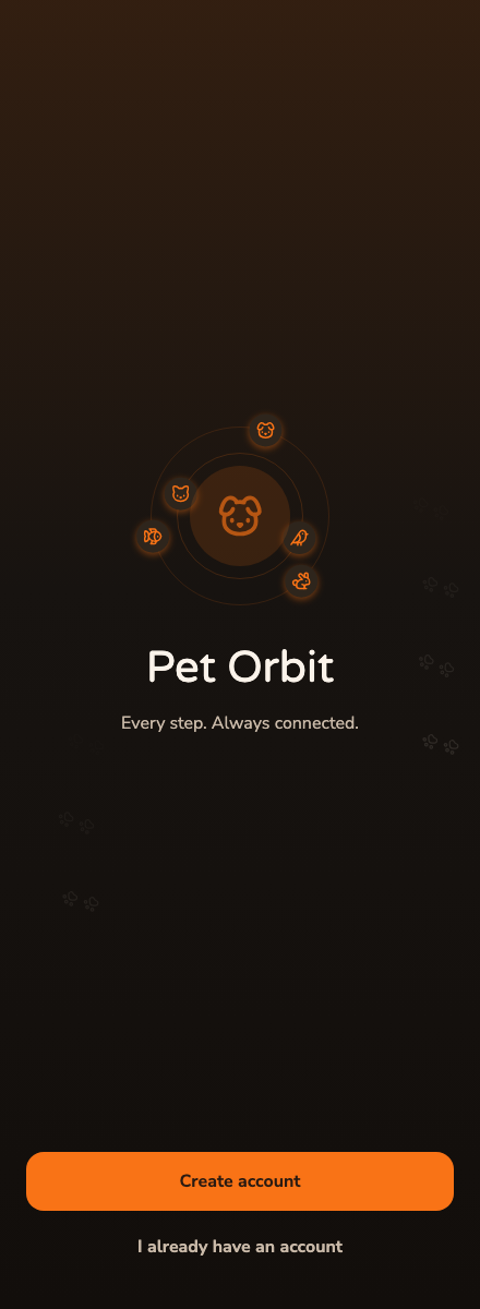 The Pet Orbit welcome screen with orbiting animals